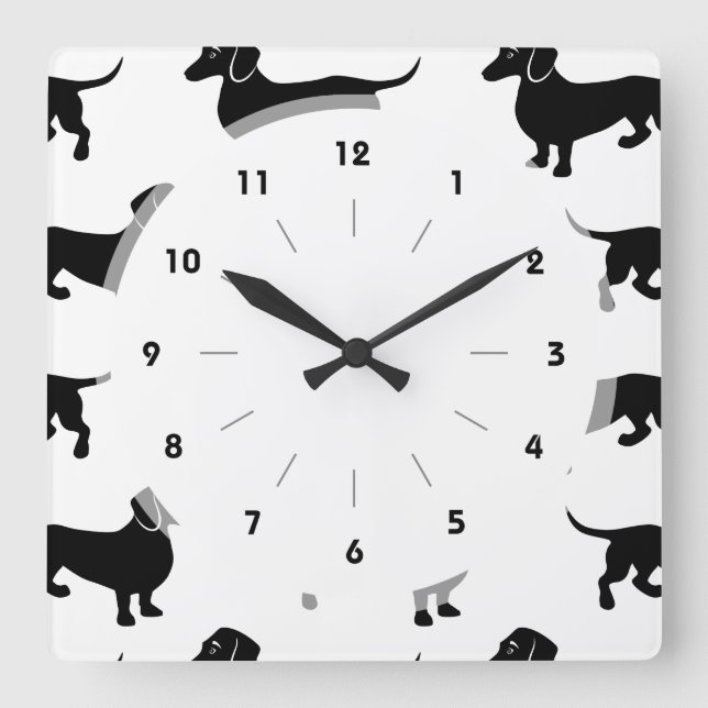 Cute Black Dachshund Pattern Square Wall Clock (Front)
