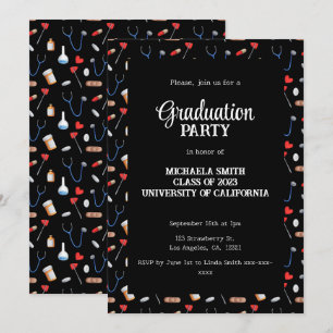 Cute Black Doctor Pattern Graduation Party  Invitation