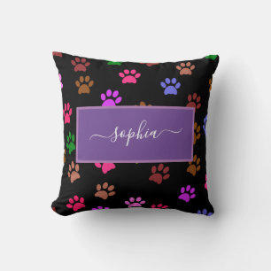 Cute Black Dog and Cat Lovers Paw Prints Throw Pillow