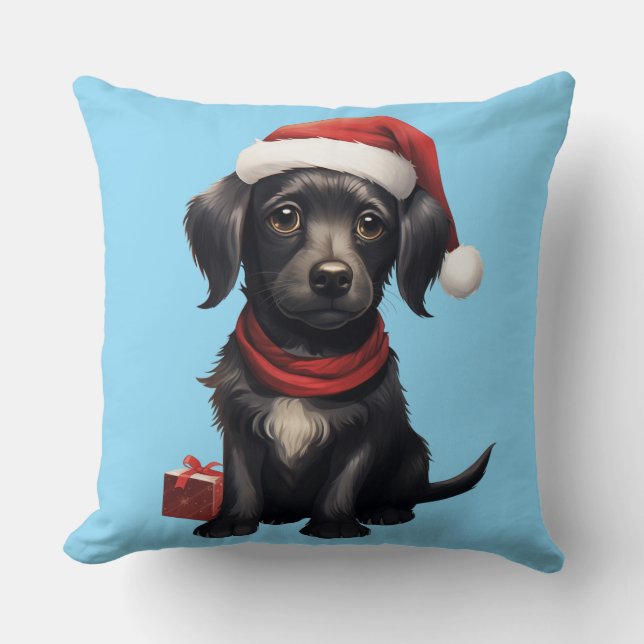Cute Black Dog at Christmas Throw Pillow (Front)