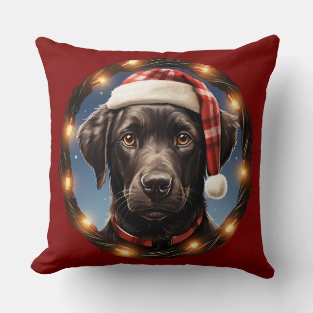 Cute Black Dog at Christmas Throw Pillow (Front)