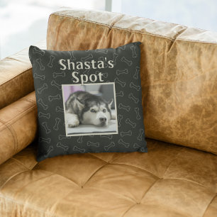 Cute Black Dog Custom Pet Photo Name Bones Throw Pillow