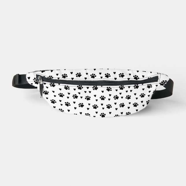Cute Black Dog Paw Prints & Hearts Fanny Pack (Front)