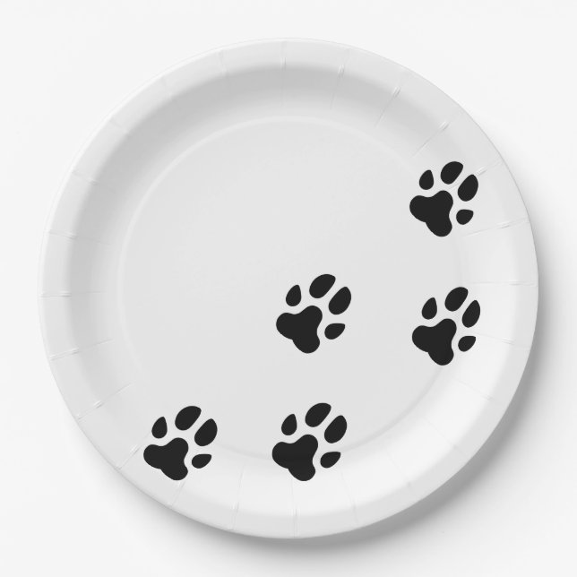 Cute Black Dog Paw Prints Paper Plate (Front)