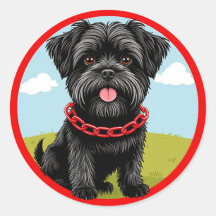 Cute Black Dog With Red Collar in Cartoon Style Classic Round Sticker