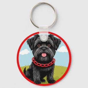 Cute Black Dog With Red Collar in Cartoon Style Keychain