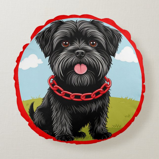 Cute Black Dog With Red Collar in Cartoon Style Round Pillow (Front)