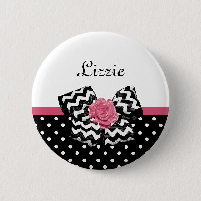 Cute Black Dots Pink Rose Chevron Bow and Name 2 Inch Round Button (Front)