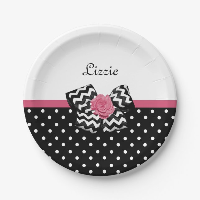 Cute Black Dots Pink Rose Chevron Bow and Name Paper Plate (Front)