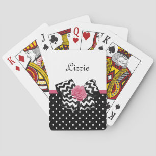 Cute Black Dots Pink Rose Chevron Bow and Name Playing Cards