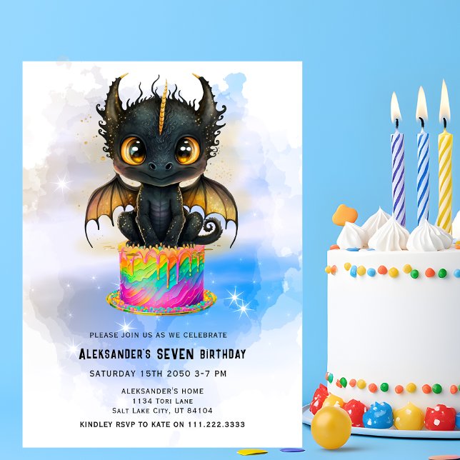 Cute Black Dragon Rainbow Cake Fairytale Birthday  Invitation (Creator Uploaded)