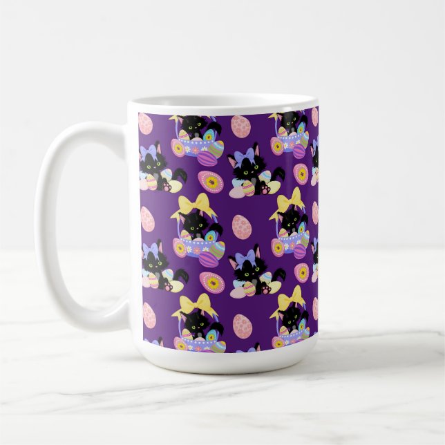 CUTE BLACK EASTER KITTEN WITH EASTER EGGS COFFEE MUG (Left)