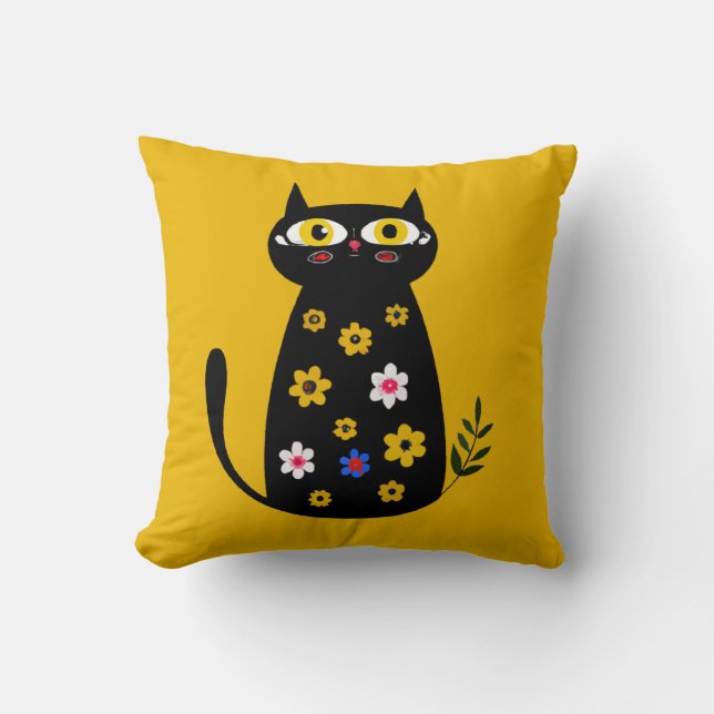 Cute Black Floral Cat  Throw Pillow (Front)