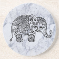 Cute Black Floral Elephant On White Marble Stone