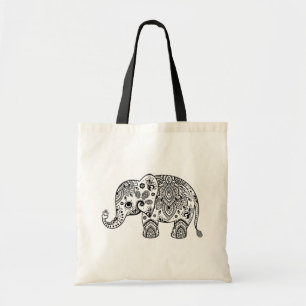 Cute Black Floral Paisley Elephant Illustration. Tote Bag