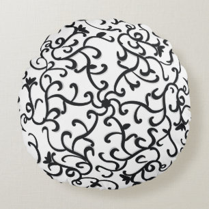 Cute Black Floral Pattern on White Background Wall Round Pillow