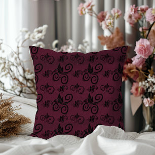 Cute Black Floral Vintage Pattern Dark Burgundy Throw Pillow