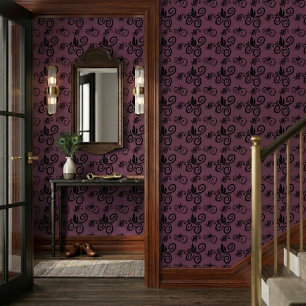 Cute Black Floral Vintage Pattern Dark Mauve Wallpaper