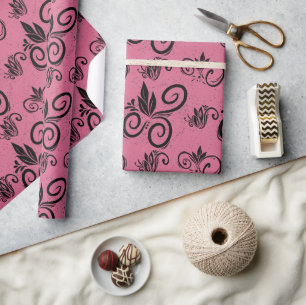 Cute Black Floral Vintage Pattern Pink Wrapping Paper