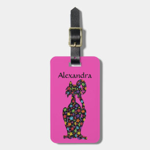 Cute Black Flowered Cat Pink Personalized Luggage Tag