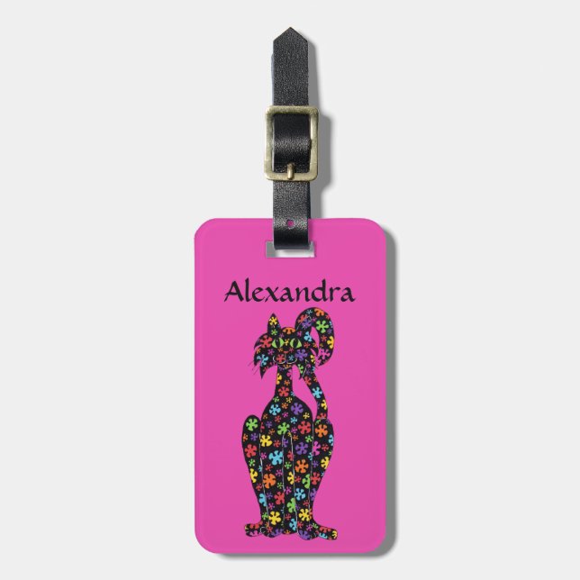 Cute Black Flowered Cat Pink Personalized Luggage Tag (Front Vertical)