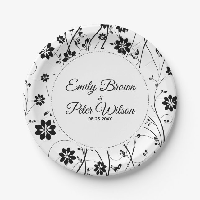 Cute Black Flowers Pattern Paper Plate (Front)