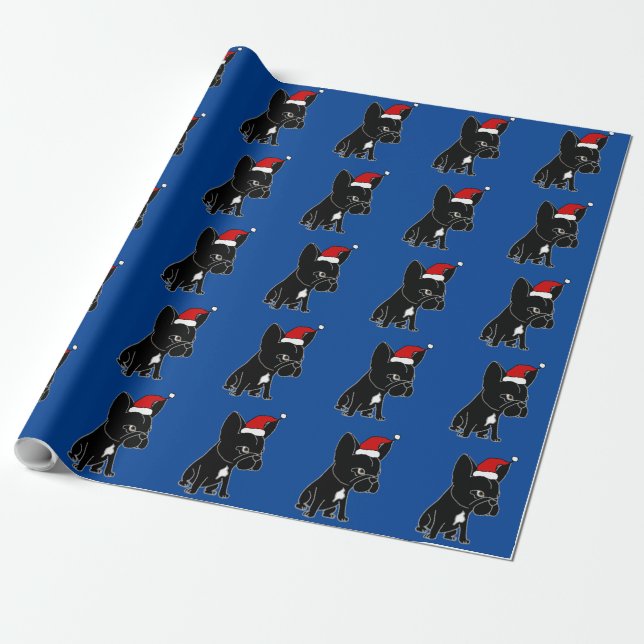 Cute Black French Bulldog in Santa Hat Christmas Wrapping Paper (Unrolled)