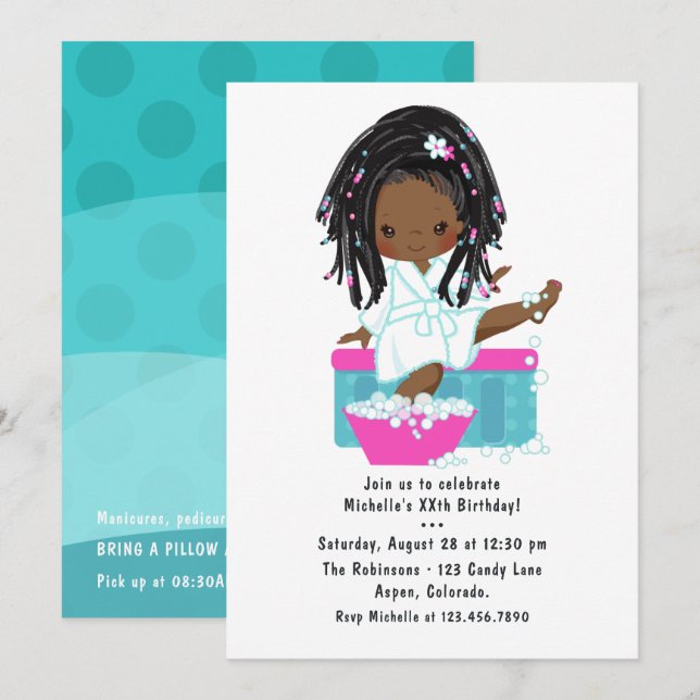 Cute Black Girl Spa Sleepover Birthday Party Invitation (Front/Back)