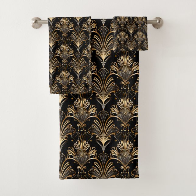 Cute black gold art deco tiled pattern  bath towel set (Insitu)