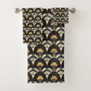Cute black gold art deco tiled pattern bath towel set
