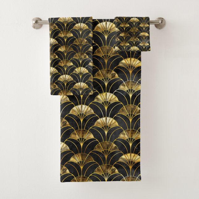 Cute black gold art deco tiled pattern  bath towel set (Insitu)