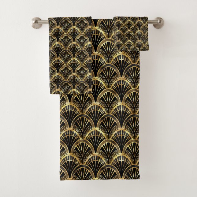 Cute black gold art deco tiled pattern  bath towel set (Insitu)