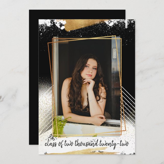 Cute Black & Gold Framed Graduation Invitation (Front/Back)