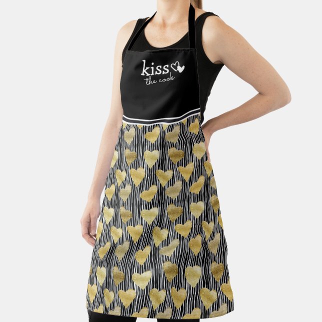 Cute Black & Gold Kiss the Cook Hearts Apron (Insitu)