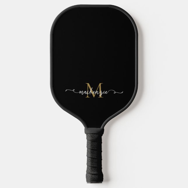 Cute Black Gold Script Typography Monogram Pickleball Paddle (Front)