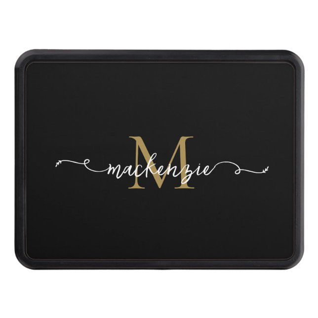 Cute Black Gold Script Typography Monogram Trailer Hitch Cover (Front)