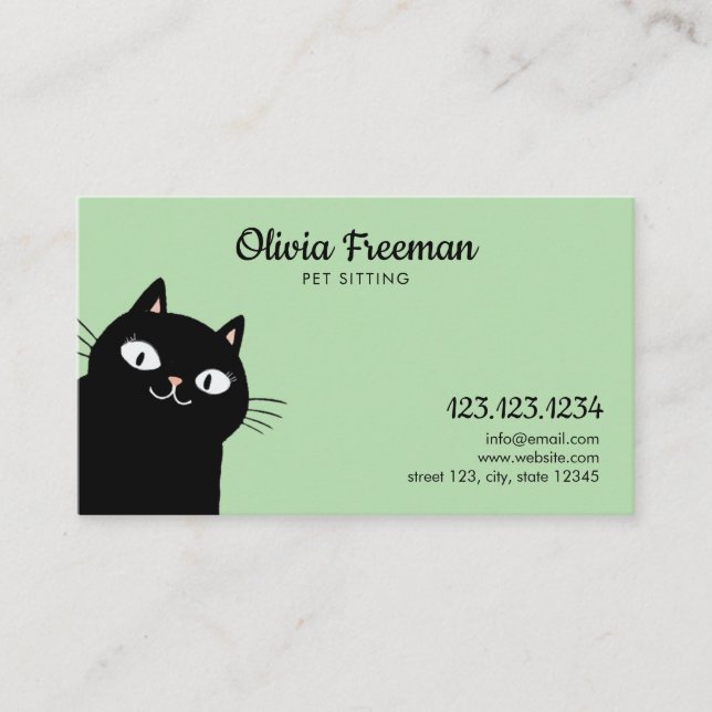 Cute Black & Green Cat Illustration Pet Sitting Business Card (Front)