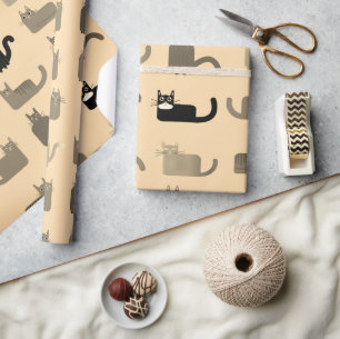 Cute Black & Grey, Minimal Cat Animal Birthday Wrapping Paper