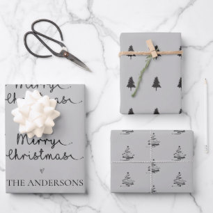 Cute Black Grey Name Christmas Tree Pattern Gift Wrapping Paper Sheet