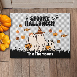 Cute Black Groovy Spooky Halloween Ghost Family  Doormat