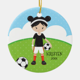 Cute Black Hair Girl Soccer Personalized Christmas Ceramic Ornament