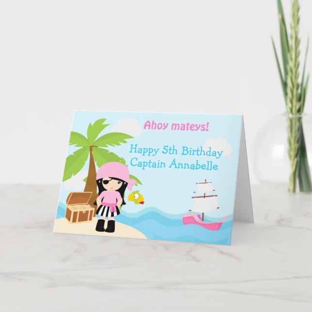 Cute Black Hair Pirate Girl Birthday Party Card (Front)