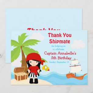 Cute Black Hair Pirate Girl Birthday Party Thank You Card