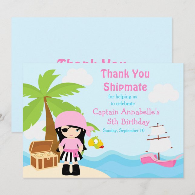 Cute Black Hair Pirate Girl Birthday Party Thank You Card (Front/Back)