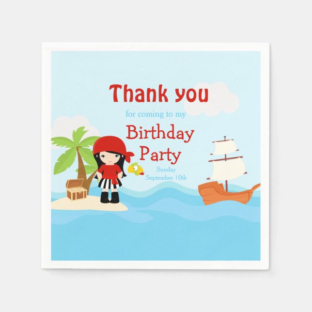 Cute Black Hair Pirate Girl in Red Birthday Napkin (Front)