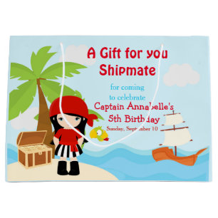 Cute Black Hair Pirate Girl in RedBirthday Large Gift Bag