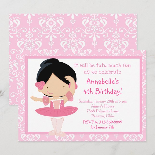 Cute Black Haired Ballerina and Pink Damask Invitation (Front/Back)