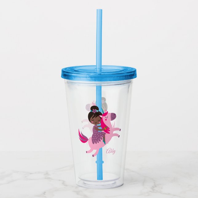 Cute Black Haired Girl Riding on a Unicorn Acrylic Tumbler (Front)