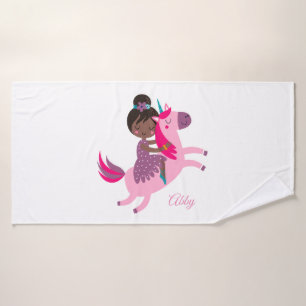 Cute Black Haired Girl Riding on a Unicorn Bath Towel