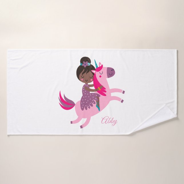 Cute Black Haired Girl Riding on a Unicorn Bath Towel (Bath Towel)